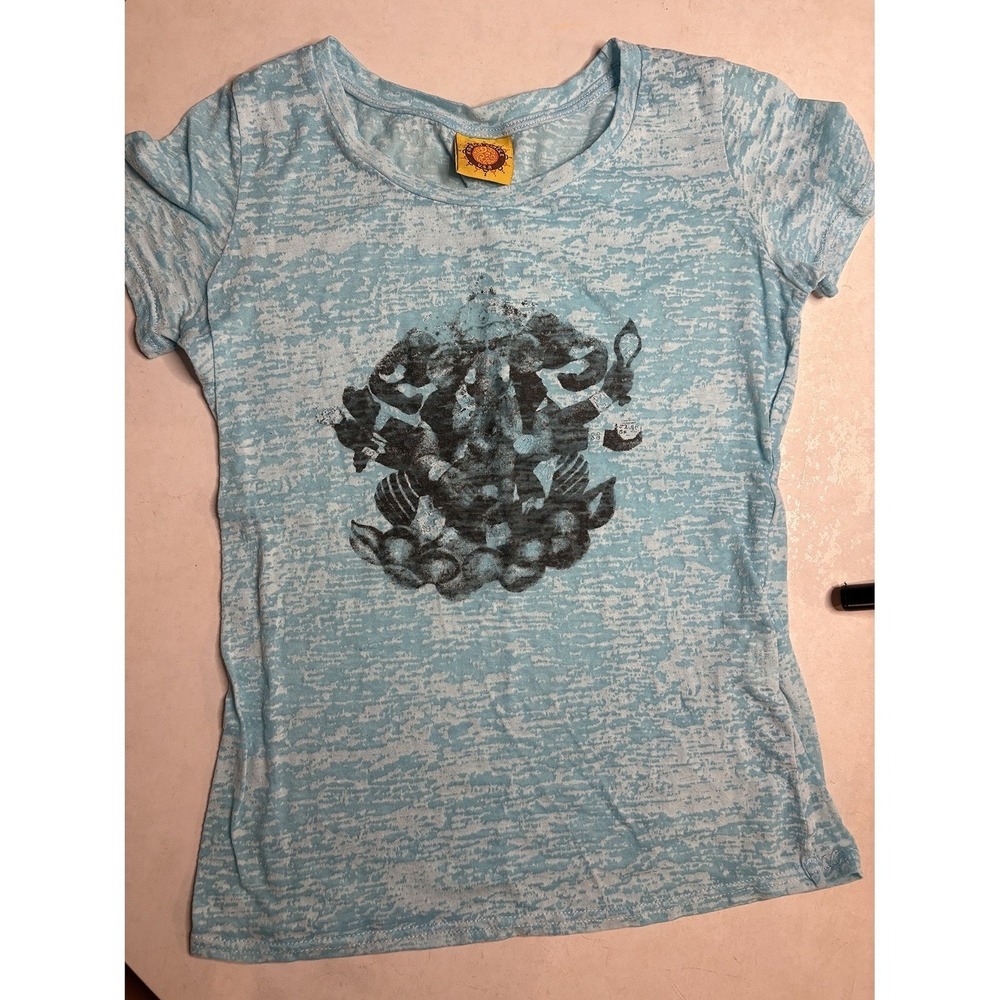 Karma Circle USA Womens Blue Burnout Ganesha Graphic T-Shirt Boho Gypsy